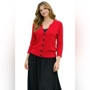 Nue Options Red Knit Cardigan Black Rose Buttons Size L